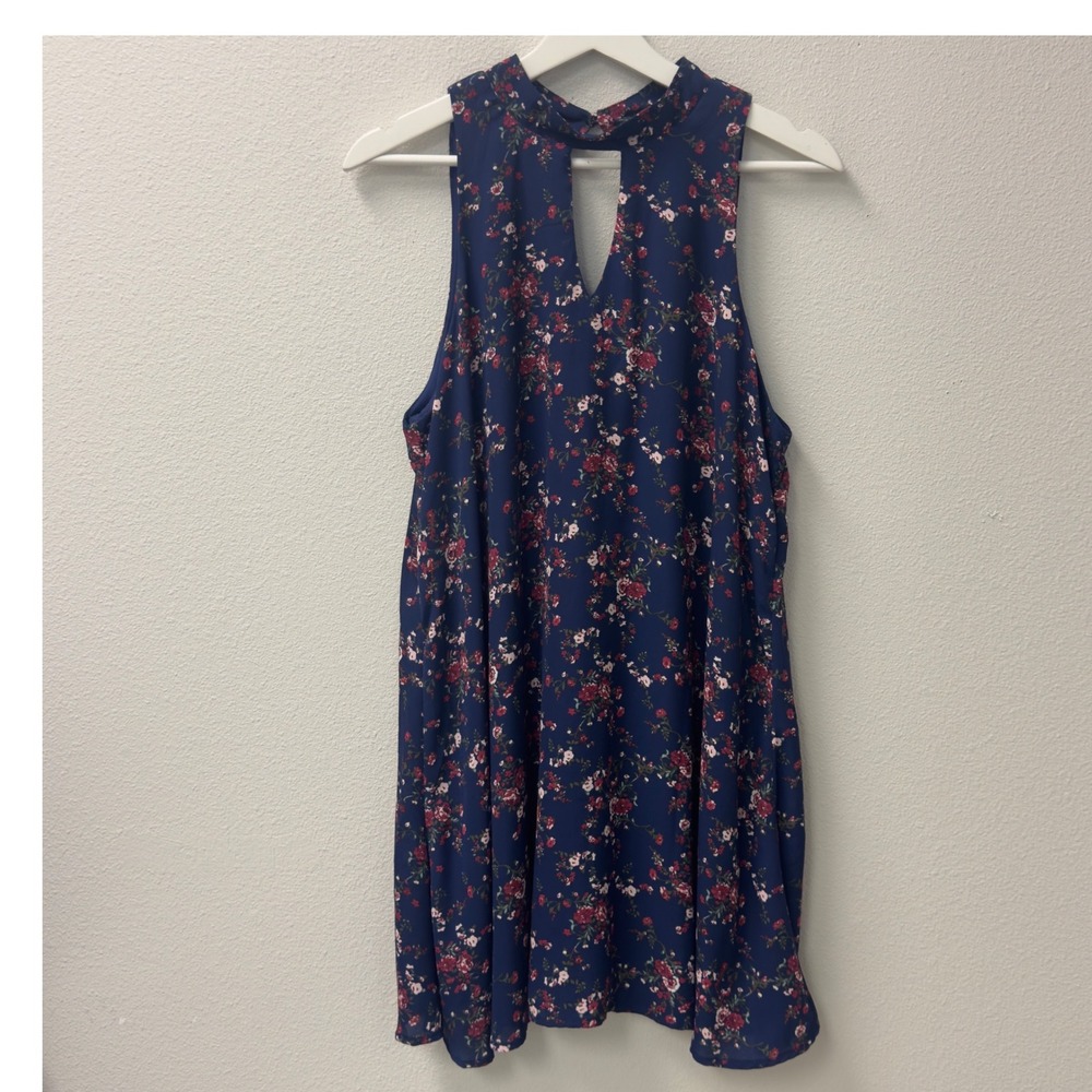 Floral Mini Dress L Navy Mock Neck Keyhole Swing Cottagecore Romantic Party Boho